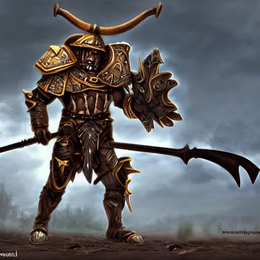 Image similar to Giant minotaur humanoid warrior with axe, tauren, concept art, paladin golden armor, hyperrealism, high details, digital painting, dark fantasy, guildwar artwork