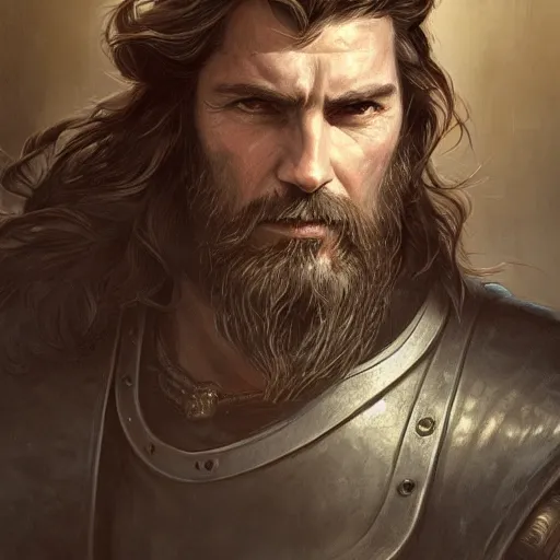 Image similar to portrait of a ruggedly handsome swordsman, soft hair, muscular, half body, leather, hairy, d & d, fantasy, intricate, elegant, highly detailed, digital painting, artstation, concept art, smooth, sharp focus, illustration, art by artgerm and greg rutkowski and alphonse mucha