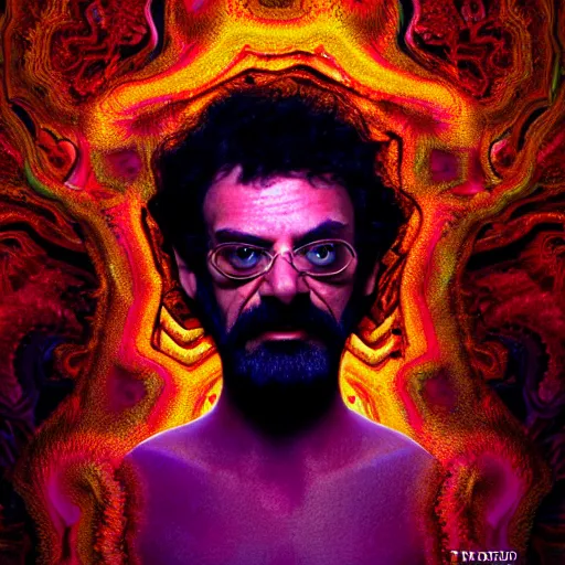 Image similar to terence McKenna posing seductively with psychedelic mushrooms, psychedelic, fractal, cinematic lighting, dramatic, octane render, full body, trending on artstation, perfect facial symmetry, bokeh, 8k, intricate, hyper detailed