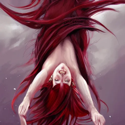 Prompt: a red haired goddess hanging upside down, long hair billowing down, intricate, elegant, highly detailed, digital painting, artstation, concept art, matte, sharp focus, illustration, in the style of magic the gathering