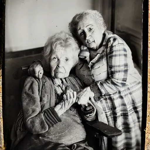 Image similar to tintype photograph, old woman, millennial woman elderly, 2 0 9 0 s, post - nuclear town