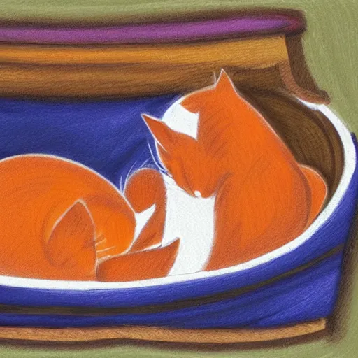 Prompt: two orange cats sleeping in a basket in a ying Yang pattern, realistic