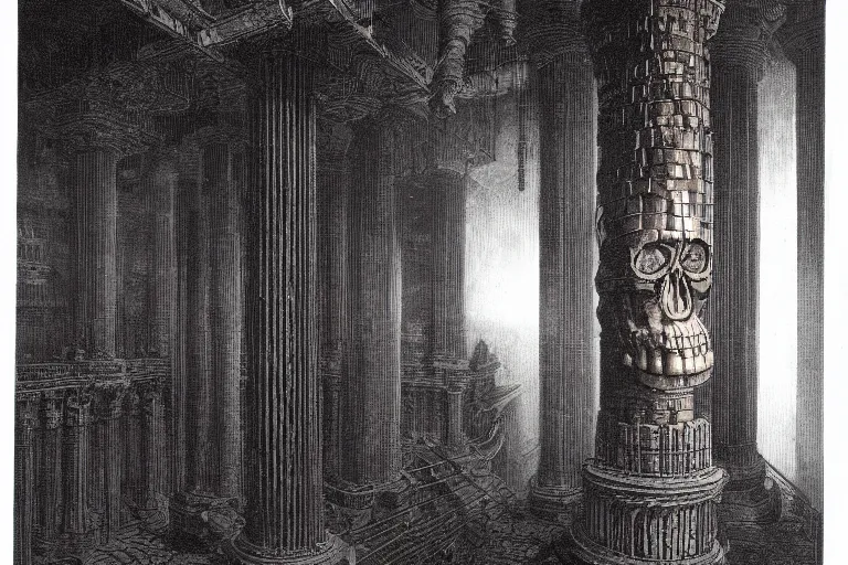 Image similar to intricate, smooth, large metallic skull atop coil of columns, inside a dark room, style by caspar david friedrich and wayne barlowe and ted nasmith.