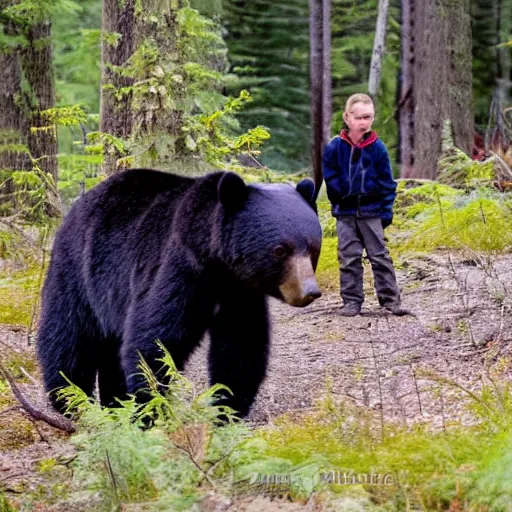 Image similar to two Chippewa boys stalk a small black bear in the forest in the style of John Mix Stanley