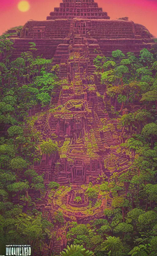 Prompt: a mayan temple, microscopic tardigrade, microbiology, flat, ruins, civilization, vegetation, large leaves, futuristic, sharp focus, electric swirls, backlight, risograph, intricate details, disney pixar, james gilleard, moebius, print, iridescent, global illumination, anime, game art