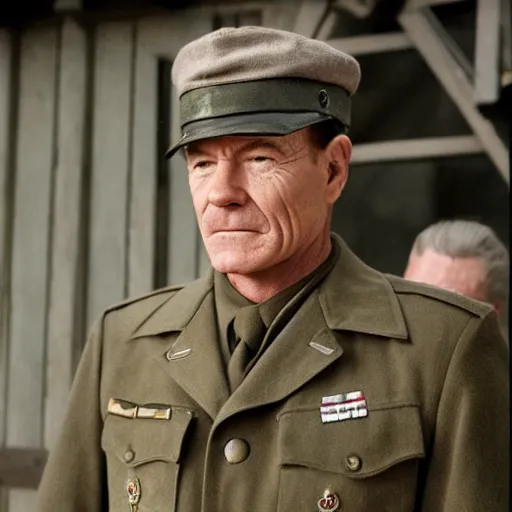 Prompt: bryan cranston in a us ww 2 army uniform during the battle of the bulge, cinematic lighting, photorealistic highly detailed