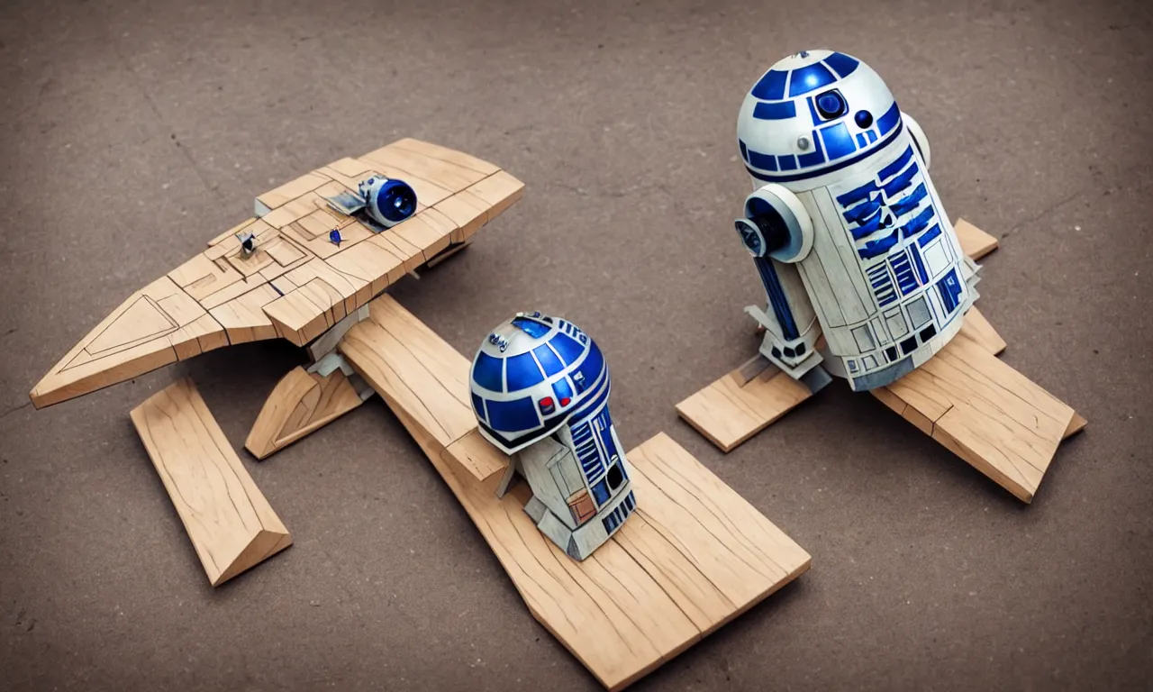 Prompt: wooden'r 2 d 2 ', wooden'x - wing ', wooden board, manuscript, chateau, nordic pastel colors, perfect lightning