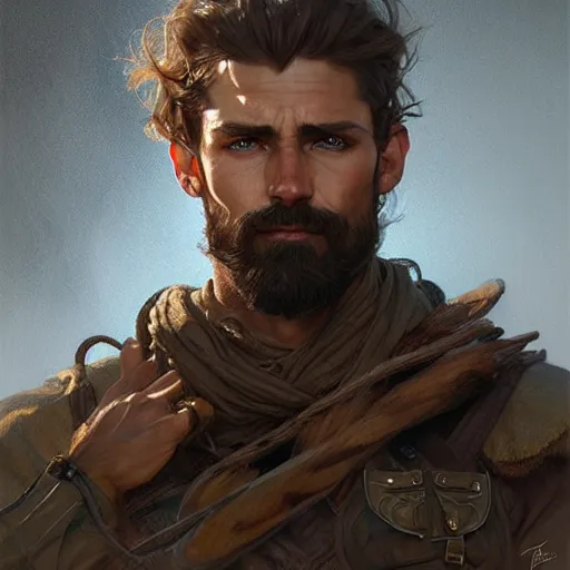 Prompt: Portrait of rugged male ranger, D&D, amber eyes, face muscular, fantasy, intricate, elegant, highly detailed, digital painting, artstation, concept art, smooth, sharp focus, illustration, art by artgerm and greg rutkowski and alphonse mucha