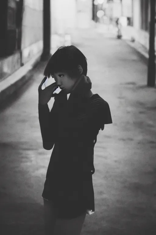 Image similar to a beautiful gorgeous Japanese edgy model girl with short hair, she's sad, sunset, street of Hong Kong, 80mm lens, 1.2 aperture, grainy image, close up, cinematic light, very detailed, depressing atmosphere, cover magazine