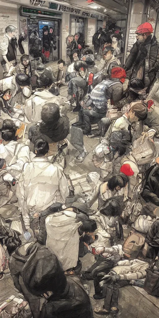 Image similar to oil painting scene from subway station by kim jung gi