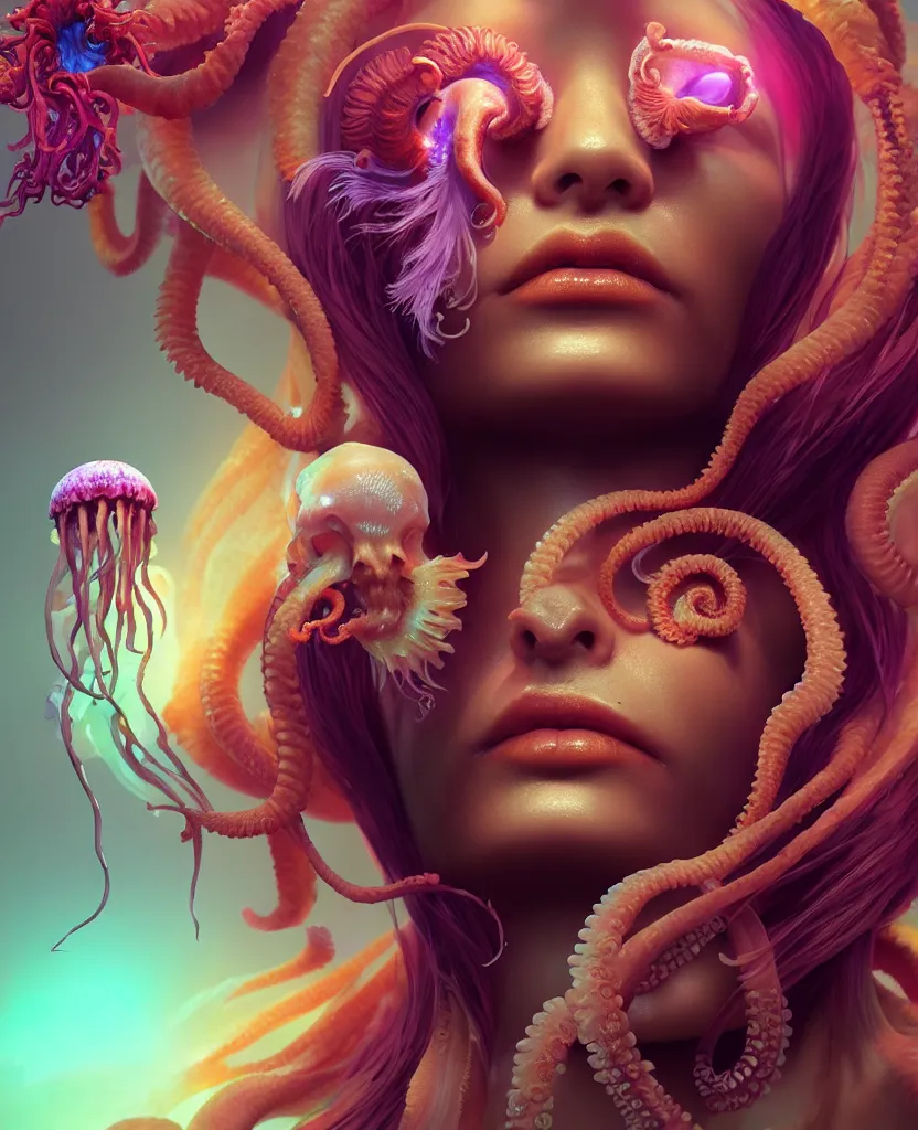 Image similar to goddess close - up portrait, ram skull, squid phoenix jellyfish, orchid, betta fish, bioluminiscent, intricate artwork by tooth wu and wlop and beeple. octane render, trending on artstation, greg rutkowski very coherent symmetrical artwork. cinematic, hyper realism, high detail, octane render, 8 k