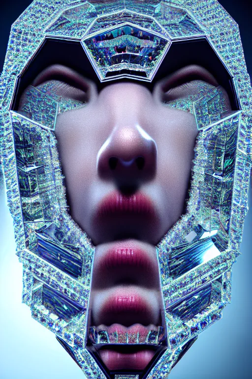 Prompt: hyperrealism, dreamland of chinese, halfturn portrait of a big crystal face made of crystals half - turn, cyberpunk, sss material, ominous, slender and densely arranged teeth, futuristic, art deco, expressive, dystopian, ominous, intricate, oc rendered, concept art, photorealistic, unreal engine render