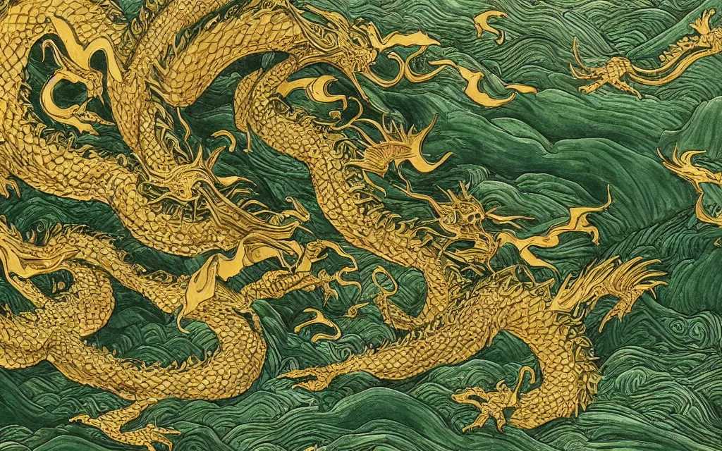 Prompt: green dragon overseeing a large gold mountain, view from above, detailed art