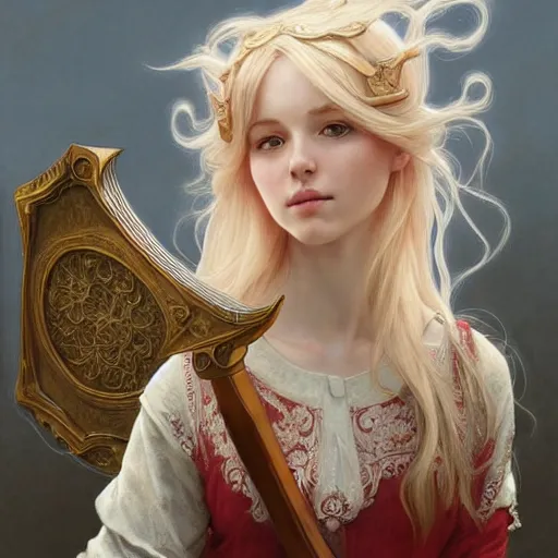 Image similar to elf fairy blond with a beautiful face, holding a lute, wearing a cardigan, highly detailed, intricate, digital painting, artstation, sharp focus, illustration, art by jakub rozalski, greg rutkowski, artgerm, tan zi and ayanamikodon and alphonse mucha and wlop