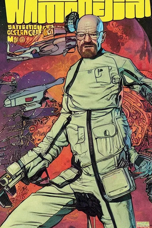 Prompt: Walter White as badass space wizard in retro science fiction cover by Moebius, vintage 1960 print