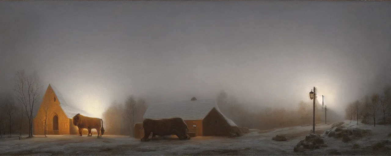Image similar to the tunnel into winter, cottagecore, giant bull inside church, glowing eyes, by Baksinsky, painted by Quint Buchholz and Carl Gustav Carus, oil on canvas