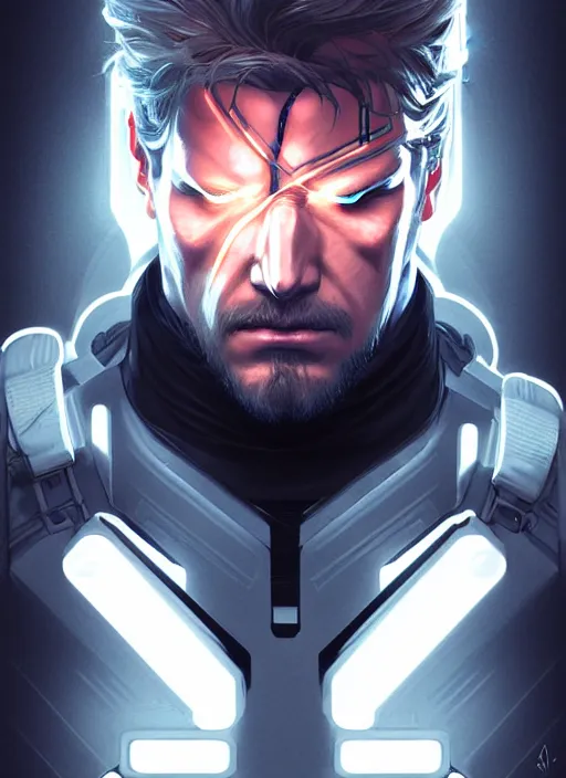 Image similar to symmetry!! portrait of solid snake, metal gear solid, tech wear, glowing lights!! intricate, elegant, highly detailed, digital painting, artstation, concept art, smooth, sharp focus, illustration, art by artgerm and greg rutkowski and alphonse mucha