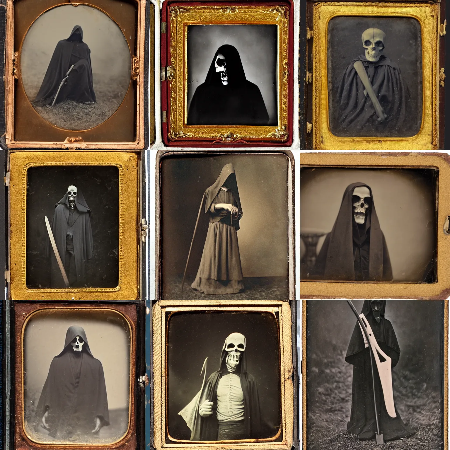 Prompt: vintage daguerreotype of the grim reaper with a scyte
