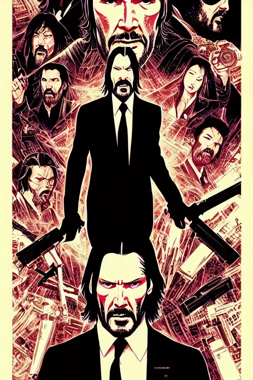 Prompt: poster of john wick, by yoichi hatakenaka, masamune shirow, josan gonzales and dan mumford, ayami kojima, takato yamamoto, barclay shaw, karol bak, yukito kishiro, highly detailed