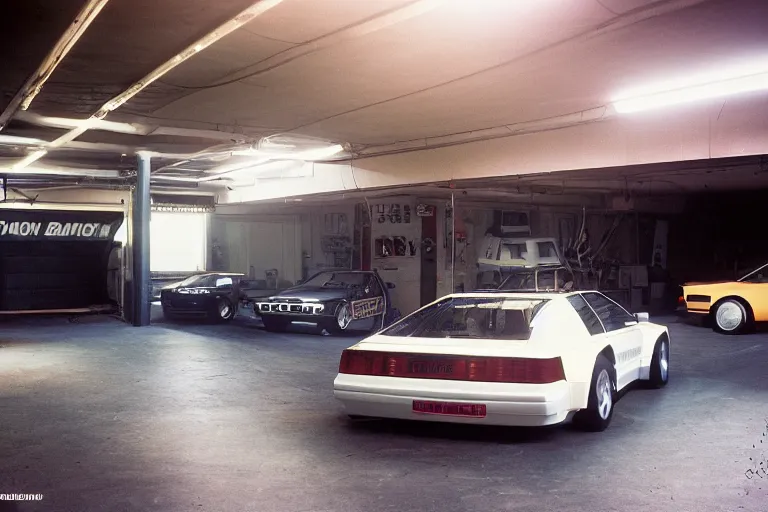 Image similar to a single 1988 Audi Quattro, BMW M1 Lincoln Continental, inside of a Tokyo garage, ektachrome photograph, volumetric lighting, f8 aperture, cinematic Eastman 5384 film