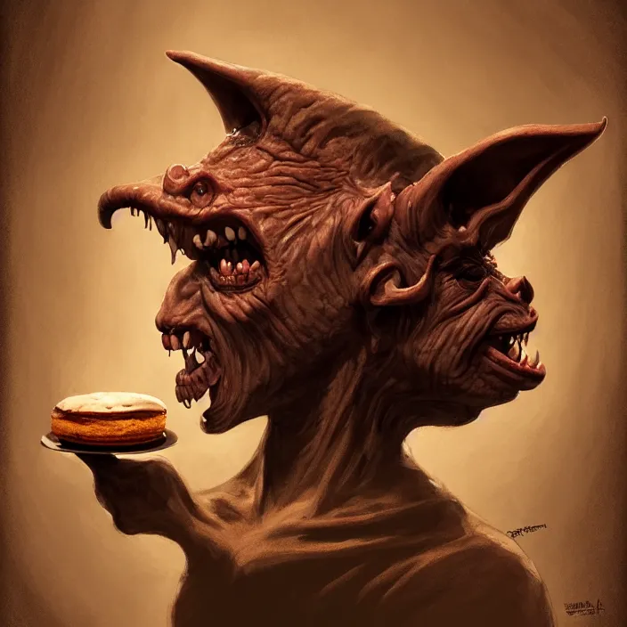 Image similar to profile face portrait of a medieval goblin eating cakes in the cloisters, beautiful face, hyper realistic, highly detailed, digital painting, artstation, illustration, concept art by hyung tae and frank frazetta, digital paint, matte paint, washed colors, dark, gloomy