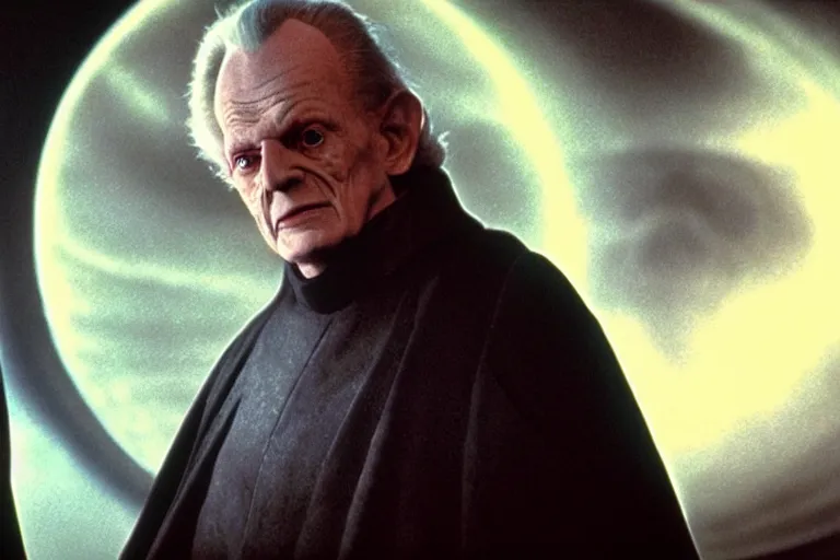 Image similar to (a cinematic still from return of the jedi!!), palpatine, masterpiece