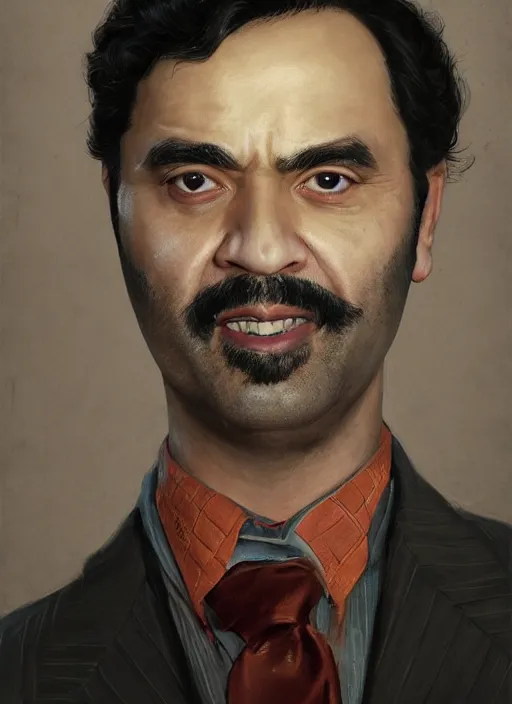 Prompt: portrait of Harvey Guillen from the TV series What We Do in the Shadows (2019), highly detailed, centered, solid color background, digital painting, artstation, concept art, smooth, sharp focus, illustration, artgerm, donato giancola, Joseph Christian Leyendecker, Les Edwards, Ed Repka, WLOP, Artgerm