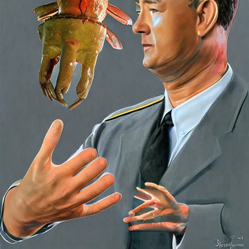 Image similar to Tom Hanks as forrest gump with giant shrimp heads as hands, digital art, photoreailstic, amazing detail