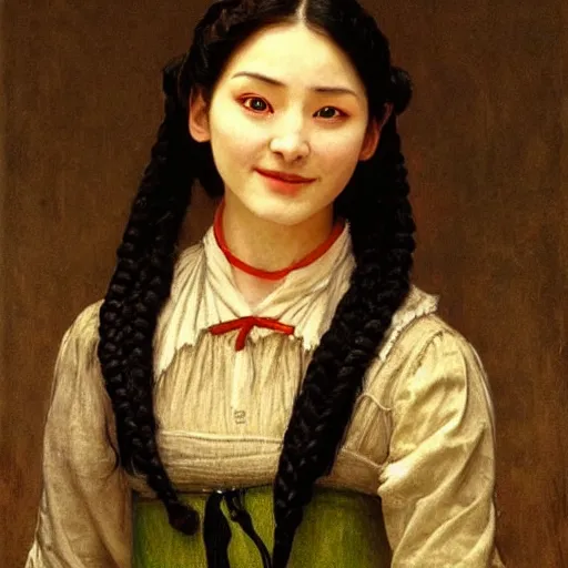 Prompt: a ((sadly)) (((smiling)))) black haired, young hungarian servantmaid from the 19th century who looks very similar to (((Lee Young Ae))) with a two french braids, detailed, soft focus, realistic oil painting by John Everett Millais, Csók István, Munkácsy, da Vinci and da Vinci