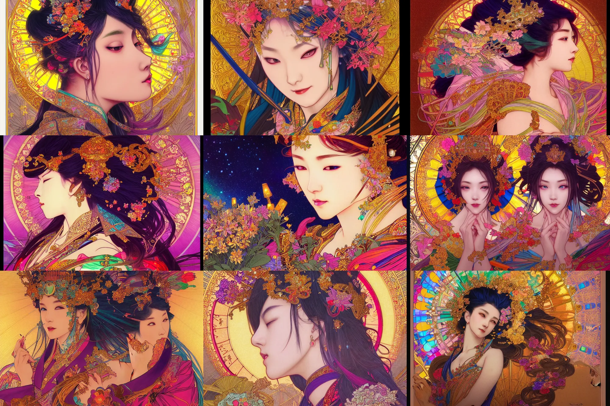 Prompt: colorful empress, night, japan, 4 k, ultra realistic, beautiful colors, epic lighting, machines, high detail, masterpiece, trending on artstation by artgerm and akihito tsukushi and alphonse mucha, crayons