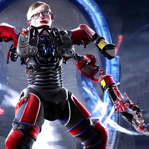 Prompt: screenshot of stephen hawking in an exoskeleton suit in tekken