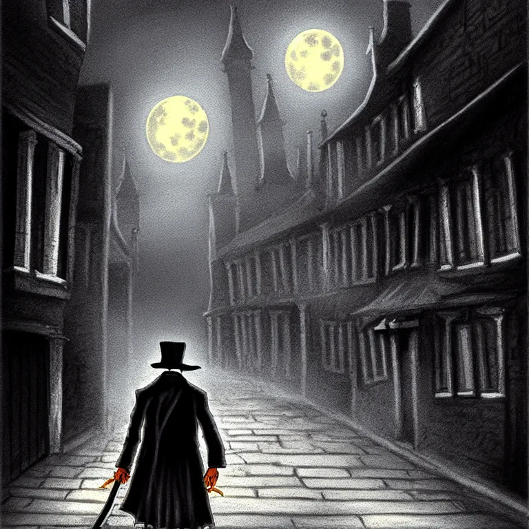 Image similar to jack the ripper lurking in a dark alleyway, holding a knife, one point perspective, full moon, foggy night, black alley cat, cobblestone road, stone arch, big ben, digital painting, hyperrealistic, macabre, spooky, trending on artstation