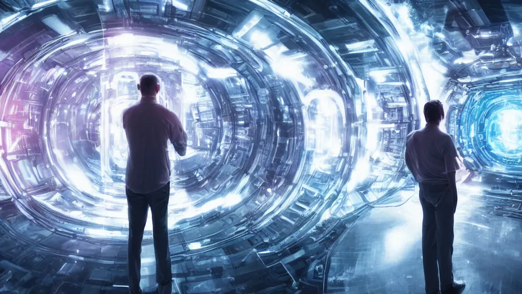 Prompt: movie scene of a man standing in front of a multiverse machine, movie still, cinematic composition, cinematic light, pastel color scheme, by andrzej zuławski
