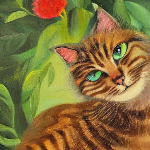 Image similar to The green and climbing eyesight of a cat Crawled near my mind’s poor birds, beautiful oil painting on canvas