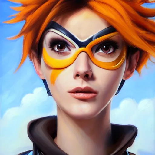 Prompt: oil painting of tracer overwatch in a field wearing very large belt collar around neck, in style of mark arian, expressive face, very detailed face, very detailed eyes, full body, feminine face, detailed makeup on eyes, tracer overwatch,