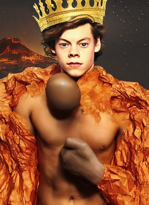 Image similar to anthropormorphic young Harry Styles made out of paper wearing a firey red and orange tissue paper with a golden crown and a black prince tuxedo by Prada. bubbling pools of lava in the crater of a volcano. ethereal, fantasy, Lawrence Alma-Tadema, James Jean, oozium, peter morbacher, angelarium, alchemy, luxury, heavenly light, Soft illumination, Trending on artstation, Cinematic Lighting, very detailed, 3D, octane render, artgerm