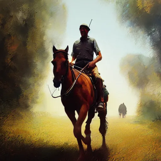 Image similar to a man carries a horse, hyperrealism, no blur, 4 k resolution, ultra detailed, style of ron cobb, adolf hiremy - hirschl, syd mead, ismail inceoglu, rene margitte