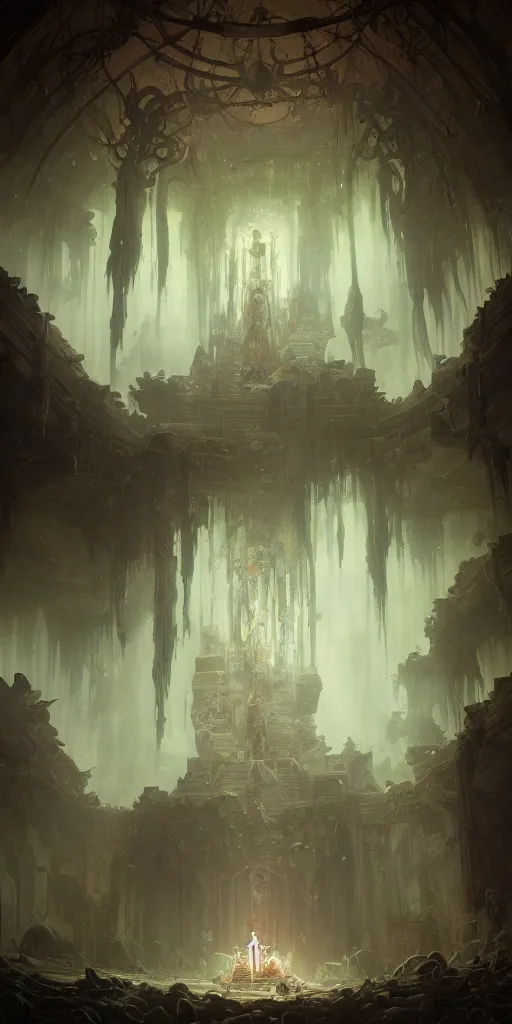 Image similar to Detailed Interior of the Drowned temple, shattering walls, creeping gloom, light shafts, the glowing throne, stunning atmosphere, in Style of Peter Mohrbacher, cinematic lighting