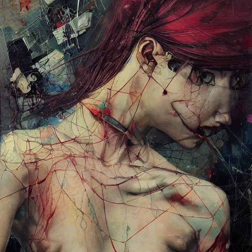 Image similar to cyberpunk dreaming, in the style of adrian ghenie, esao andrews, jenny saville,, surrealism, dark art by james jean, takato yamamoto