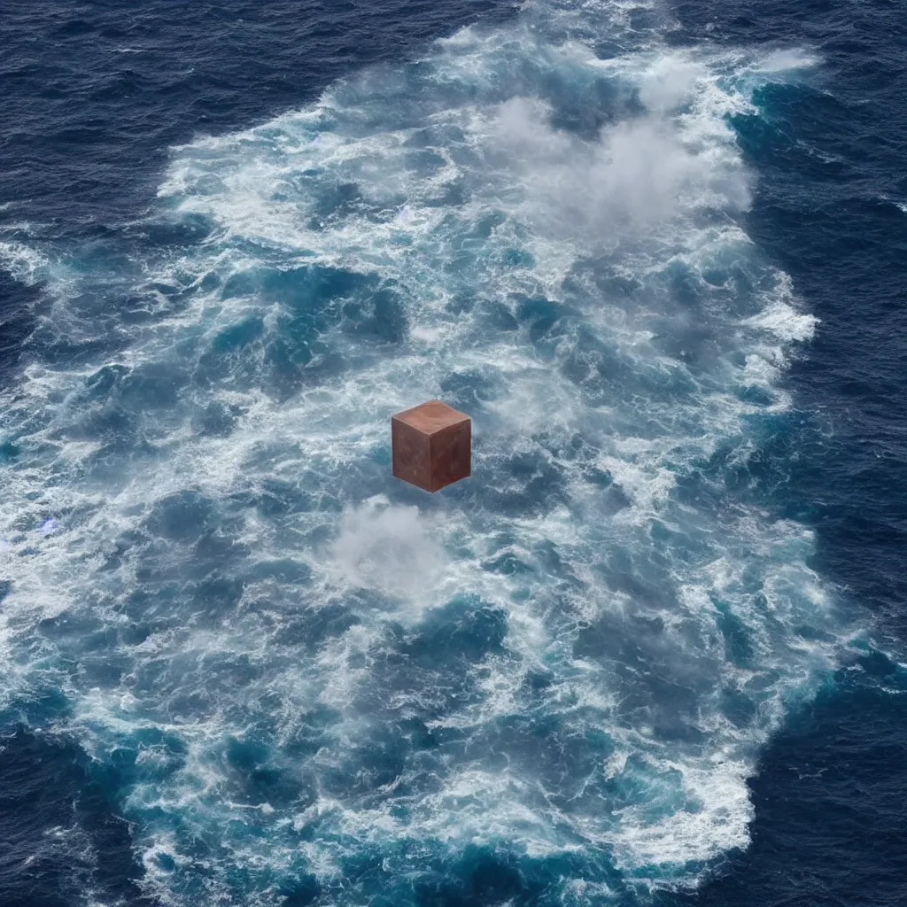 Prompt: a cube in the middle of the ocean with images of a tumultuous sea on its sides. Cinematic