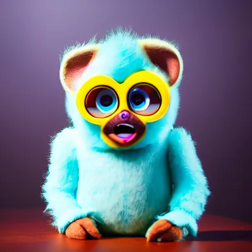 Image similar to Jeff Bezos as a furby toy, studio photo, 4k, 85mm lens, f/3, hdr