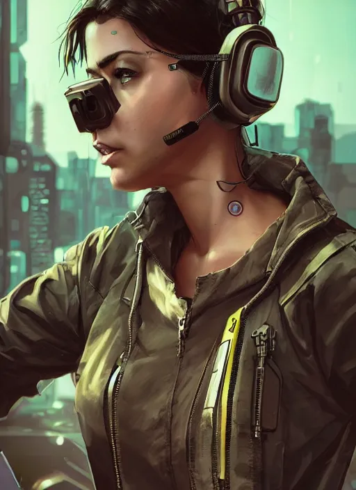 Image similar to Feminist Sara. Gorgeous female cyberpunk hacker wearing a cyberpunk headset, military vest, and pilot jumpsuit. gorgeous face. Realistic Proportions. Concept art by James Gurney and Laurie Greasley. Moody Industrial skyline. ArtstationHQ. Creative character design for cyberpunk 2077.