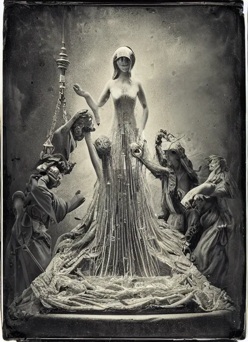 Prompt: old wetplate daguerreotype portrait of birth of lady justice, explosion of data fragments, fractal, intricate, elegant, highly detailed, parallax, leica, medium format, subsurface scattering, by jheronimus bosch and greg rutkowski and louis jacques mande daguerre