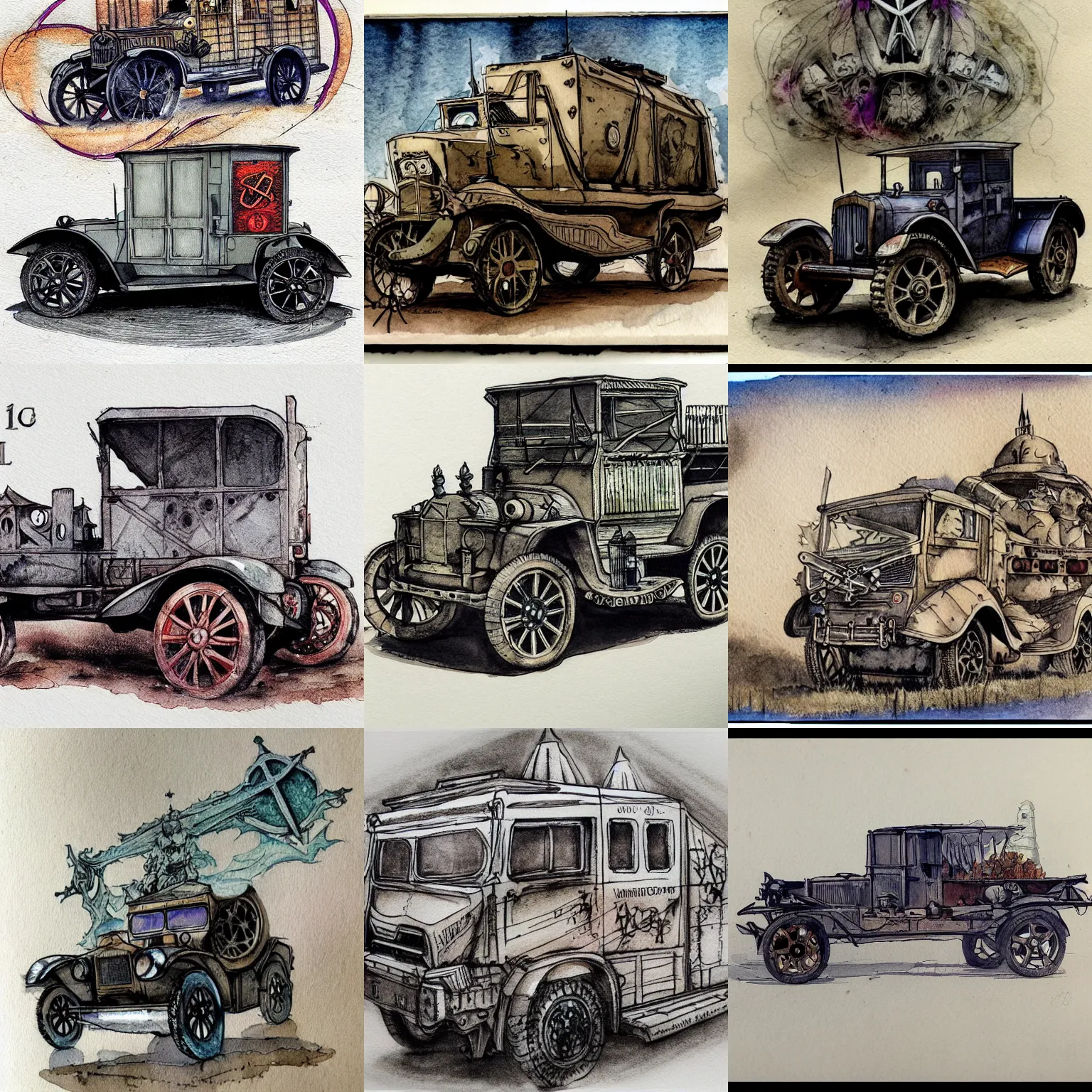 Prompt: beautiful aesthetic inspirational masterful professional ink pen and watercolor sketch of an occult mystical eerie satanic truck in ww 1 verdun, fine details, trending on artstation, high quality paper