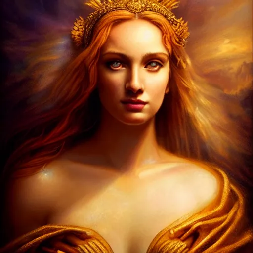 Image similar to majestic gracious regal seductive deity aphrodite portrait, ancient greece, atmospheric lighting, painted, ravenous, tempestuous, humble, intricate, volumetric lighting, beautiful, rich deep colours masterpiece, golden hour, golden ratio, sharp focus, ultra detailed, by leesha hannigan, ross tran, thierry doizon, kai carpenter, ignacio fernandez rios