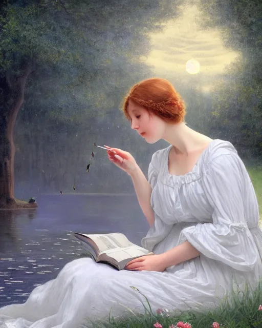 Image similar to a girl in white nightgown reading a book by the river, a full moon on the horizon, dark starry sky, golden orbs and fireflies, illustration, dramatic lighting, painting oil on canvas, art nouveau, 8 k, by edmund blair leighton, brom, charlie bowater, trending on artstation, faces by tom bagshaw, sargent