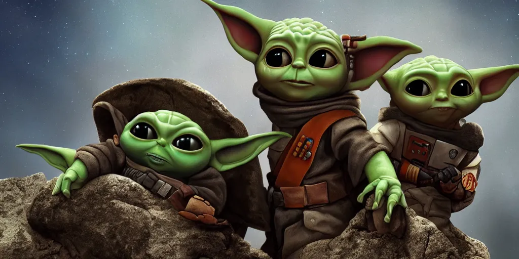 Prompt: close up portrait of the ('Mando' Mandalorian) and ('Baby Yoda' Grogu), on a rocky outcrop with a small bonfire next to their spaceship, refined, dignified, in style of rembrandt and ((don bluth)), bright natural light, saturated colors, very low energy