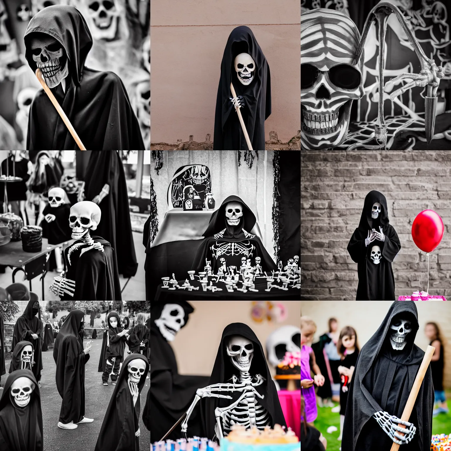 Prompt: the grim reaper skeleton in black robes at a child's birthday party, high quality photography, 4 k, sigma 8 5 mm