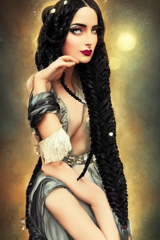 Prompt: beautiful middle eastern woman posing with braided black hair, full body, in the style of Anna Dittman, fashion photography, portrait, photoshoot