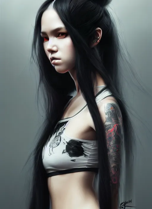 Image similar to portrait of long black hair girl within a streetwear. cynical face, concept art, cyberpunk illustration, intricate, highly detailed 8 k, smooth, matte, sharp focus, rim light, beautiful and aesthetic shape of face and body, artgerm, artstation, art by gharliera and rinotuna and junpei